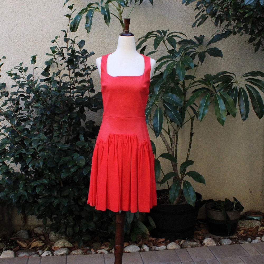 Cushnie Et Ochs Leather and Silk dress Rare red drop waist square neck size 6